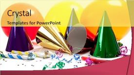  Presentation with lights and confetti party - Beautiful presentation theme featuring celebration one year - party hats noise makers streamers backdrop and a yellow colored foreground