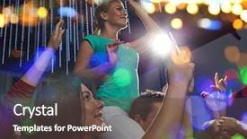  Presentation with concert - Cool new slides with party holidays celebration nightlife and people concept - smiling friends with smartphone taking picture and waving hands at concert in club backdrop and a tawny brown colored foreground