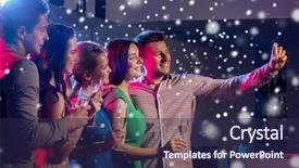  Presentation with alcoholic - Presentation design with party holidays technology nightlife and people concept - smiling friends with glasses of non-alcoholic champagne and smartphone taking selfie in club background and a navy blue colored foreground