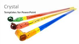  Presentation with party - Slide deck with party-horns-isolated-on-white background and a white colored foreground