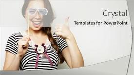  Presentation with party time - Audience pleasing PPT theme consisting of party image playful young women holding a party glasses ready for good time backdrop and a light gray colored foreground