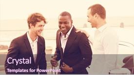  Presentation with next - Slide deck with party land - cheerful friends talking while standing background and a  colored foreground