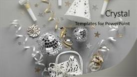  Presentation with year end party - Cool new slide deck with party ornaments for new year backdrop and a light gray colored foreground