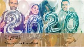  Presentation with new years eve - Cool new presentation design with party people women and men celebrating new years eve 2020 with sparklers and champagne backdrop and a gold colored foreground