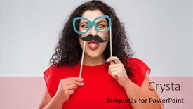  Presentation with funny cartoon - Slide deck with party props photo booth and people concept - funny woman with big cartoon glasses and mustache showing tongue over grey background background and a crimson colored foreground