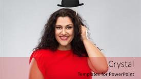  Presentation with black people - Colorful PPT theme enhanced with party props photo booth and people concept - happy woman in red dress with black bowler hat over grey background backdrop and a crimson colored foreground
