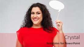  Presentation with memory book family photo album - PPT layouts having party props photo booth and communication concept - happy woman in red dress holding big blank speech bubble over grey background background and a crimson colored foreground