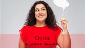  Presentation with red grey - Amazing slide deck having party props photo booth and communication concept - happy woman in red dress holding big blank speech bubble over grey background backdrop and a red colored foreground