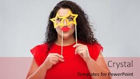  Presentation with star red - Beautiful PPT layouts featuring party props photo booth and people concept - funny woman with star shaped glasses and red lips over grey background backdrop and a crimson colored foreground