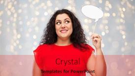  Presentation with party lights - Cool new slide set with party props photo booth and communication concept - happy woman in red dress holding big blank speech bubble over festive lights background backdrop and a crimson colored foreground