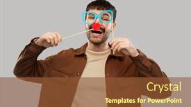  Presentation with young happy people smiling - Cool new PPT theme with party-props-photo-booth backdrop and a tawny brown colored foreground