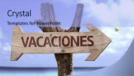  Presentation with teal beach wood - Colorful slides enhanced with party time - vacation in spanish wooden sign backdrop and a light blue colored foreground