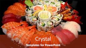  Presentation with rock n roll party - Colorful PPT theme enhanced with party-tray-of-sushi backdrop and a crimson colored foreground