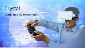 Presentation with virtual technology - Slides featuring party video games - digital composite of businessman playing background and a sky blue colored foreground