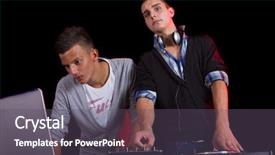  Presentation with young people diversity - PPT theme featuring party with two young djs background and a dark gray colored foreground