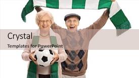  Presentation with soccer fans - PPT theme enhanced with pasion - overjoyed elderly soccer fans background and a coral colored foreground