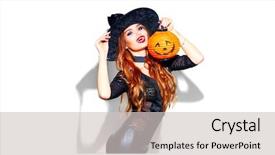  Presentation with beauty product - Audience pleasing PPT theme consisting of pasrty products - halloween sexy girl wearing witch backdrop and a light gray colored foreground