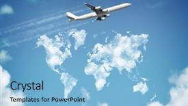  Presentation with world travel - Slide set consisting of passenger airplane flying above sky background and a light blue colored foreground