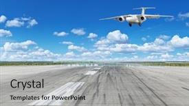  Presentation with airport runway - Slide set consisting of passenger airplane landing on runway background and a light gray colored foreground