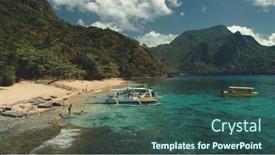  Presentation with cinematic - Amazing PPT theme having passenger-boat-at-ocean-beach backdrop and a ocean colored foreground