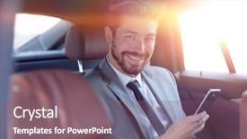  Presentation with car seat - Colorful theme enhanced with passenger cars - businessman smiling while sitting backdrop and a violet colored foreground