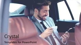  Presentation with car seat - Slide set featuring passenger cars - happy young businessman using mobile background and a coral colored foreground