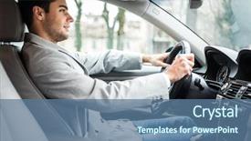  Presentation with sleepy yawning man driving car - Theme with passenger cars - man driving his car background and a ocean colored foreground