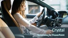  Presentation with driving - Audience pleasing slides consisting of passenger cars - young woman driving her car backdrop and a ocean colored foreground