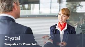  Presentation with airport boarding pass - PPT theme featuring passenger-service-agent-giving-businessman background and a ocean colored foreground