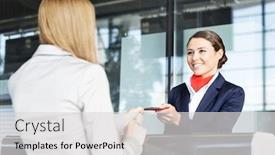  Presentation with airport boarding pass - Presentation design consisting of passenger-service-agent-giving-woman background and a light gray colored foreground