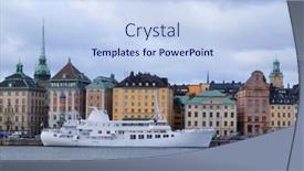  Presentation with ship - Slide deck consisting of passenger ship in stockholm harbour sweden background and a sky blue colored foreground