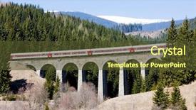  Presentation with vintage steam powered railway train - Theme with passenger train on railway viaduct background and a tawny brown colored foreground