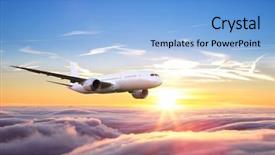  Presentation with passengers - Beautiful slides featuring passengers commercial airplane flying above backdrop and a light blue colored foreground