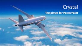  Presentation with passengers - Presentation theme featuring passengers commercial airplane flying above clouds during day concept of fast travel holidays and business background and a ocean colored foreground