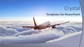  Presentation with business travel - PPT theme consisting of passengers-commercial-airplane-flying-above background and a light blue colored foreground