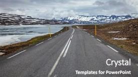  Presentation with mountain lake - Audience pleasing presentation consisting of passing - scenic mountain road along backdrop and a gray colored foreground