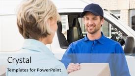  Presentation with disciplined agile delivery - Audience pleasing presentation design consisting of passing parcels to happy customer backdrop and a  colored foreground