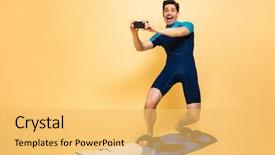  Presentation with portrait of excited overjoyed female - Presentation design consisting of passion action - full length portrait background and a yellow colored foreground