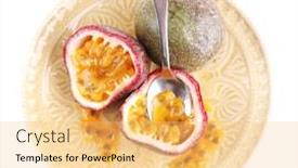  Presentation with passion fruit - Theme having passion fruit on plate isolated on white background and a yellow colored foreground