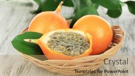  Presentation with passion - Theme consisting of passion fruits in wicker basket on table close-up background and a coral colored foreground