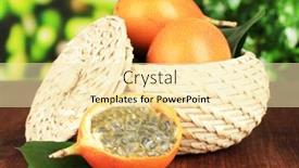  Presentation with passion - Presentation theme having passion fruits in wicker basket on table on bright background background and a blonde colored foreground