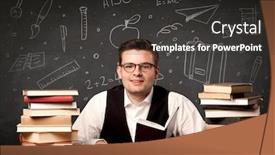  Presentation with front desk - Beautiful PPT layouts featuring passionate young teacher sitting at school desk with pile of books in front of blackboard drawn full of back to school items concept backdrop and a dark gray colored foreground