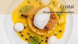  Presentation with white plate - Audience pleasing slide deck consisting of passionfruit cream brulee on white backdrop and a  colored foreground