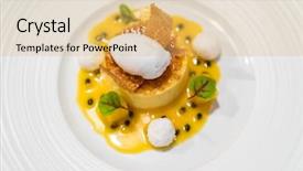  Presentation with white plate - Slides consisting of passionfruit cream brulee on white background and a  colored foreground