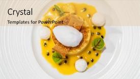  Presentation with white marble plate marble - Audience pleasing slides consisting of passionfruit cream brulee on white backdrop and a  colored foreground