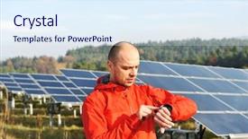  Presentation with solar - PPT theme enhanced with male worker at solar panel field background and a sky blue colored foreground