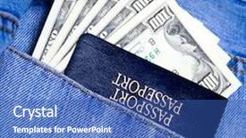  Presentation with passport - Audience pleasing slide set consisting of passport with american dollars in the pocket of jeans backdrop and a ocean colored foreground