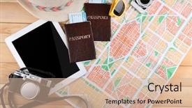  Presentation with neural network map - Audience pleasing PPT theme consisting of passports digital tablet and map backdrop and a soft green colored foreground