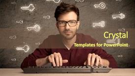  Presentation with login - Cool new presentation theme with young internet geek working online hacking login passwords of social media users concept with glowing drawn keys on the wall backdrop and a tawny brown colored foreground