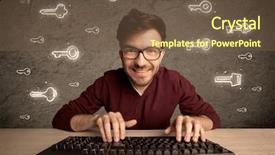  Presentation with login - Amazing PPT layouts having young internet geek working online hacking login passwords of social media users concept with glowing drawn keys on the wall backdrop and a tawny brown colored foreground